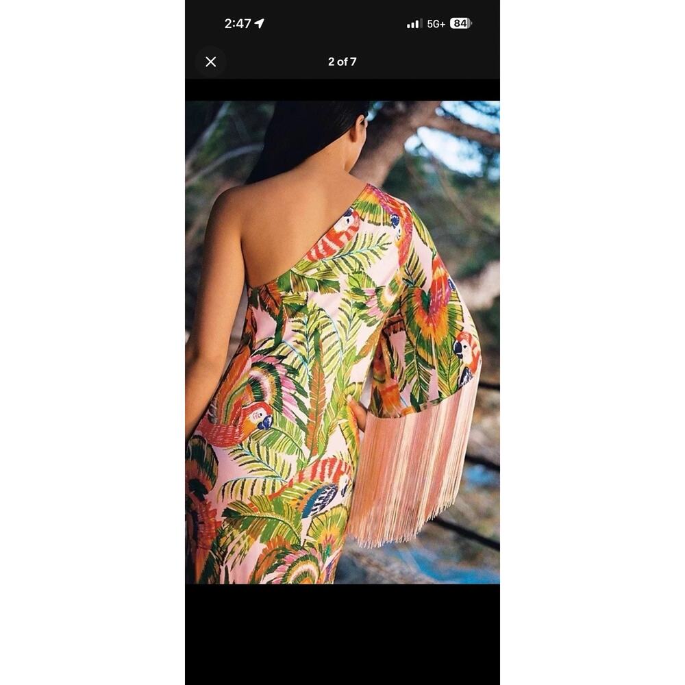 FARM Rio One-Shoulder Pink Tropical Parrot Fringe Midi Dress S Vacation Cruise - Picture 7 of 12